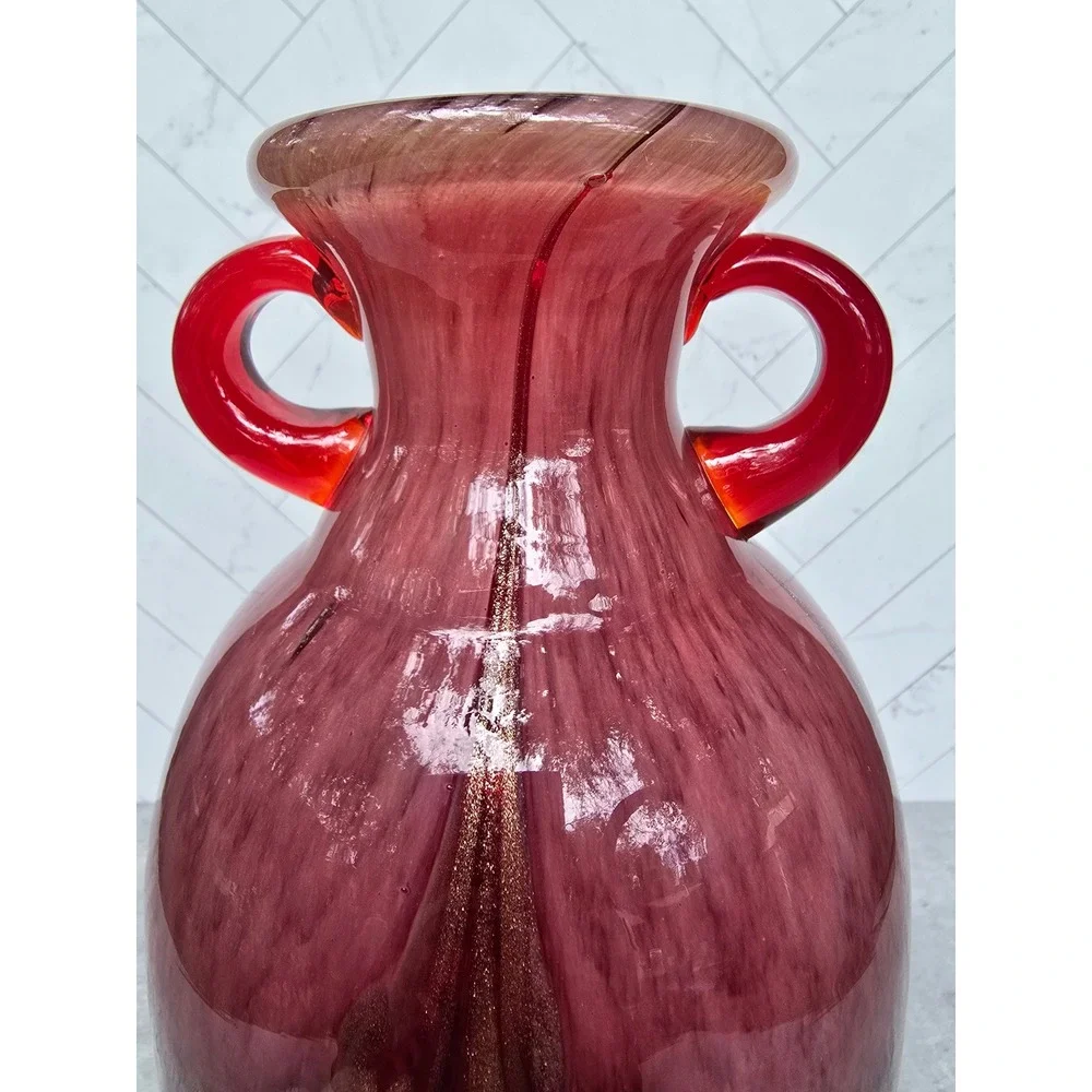 Hand Blown Double Handle Amphora Art Glass Vase Red Gold Green Aventurine 10in